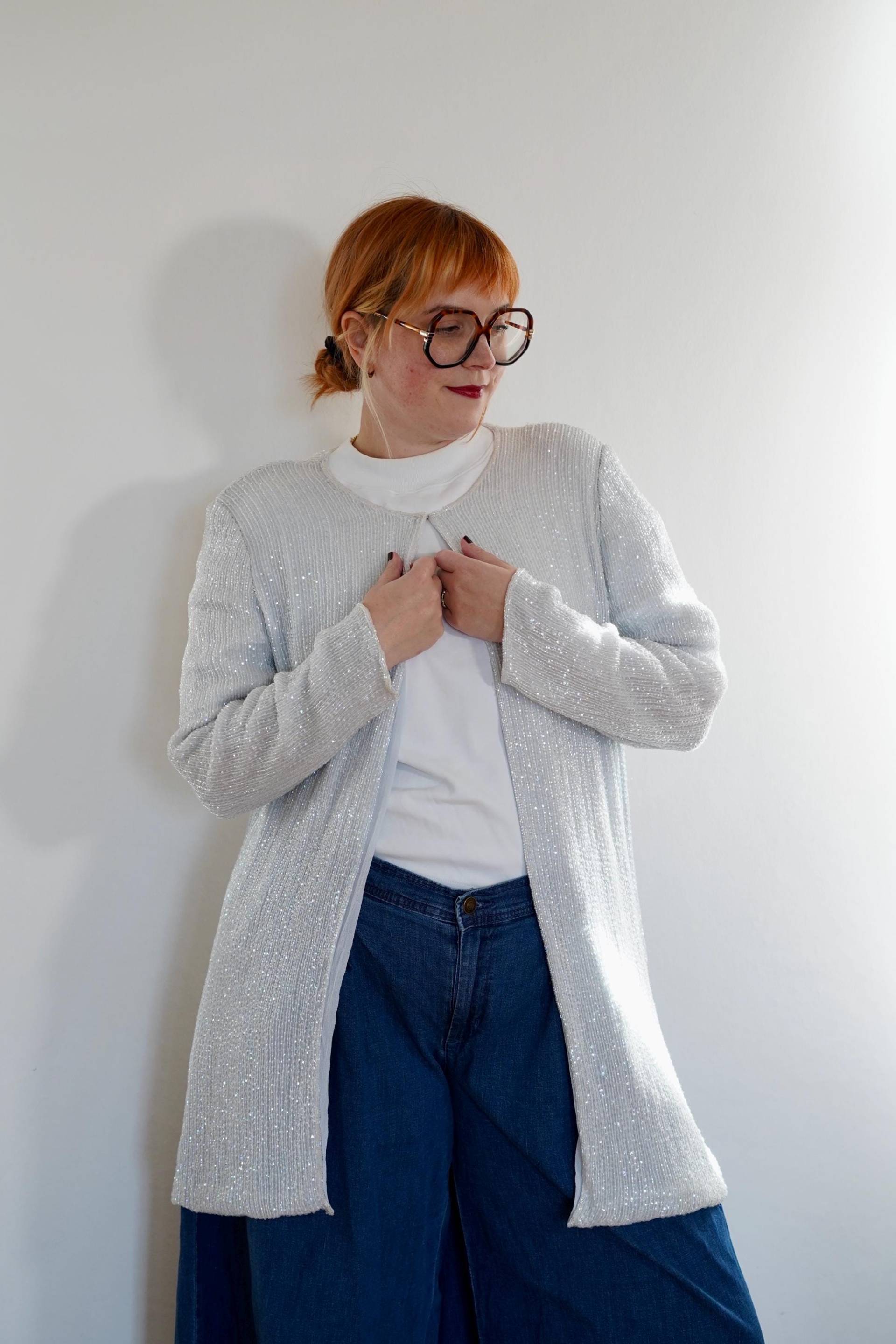 Uk 16-18 Frank Usher 1980Er Jahre Vintage Strickjacke Weiß Silberne Jacke von GoldenGirlClothing