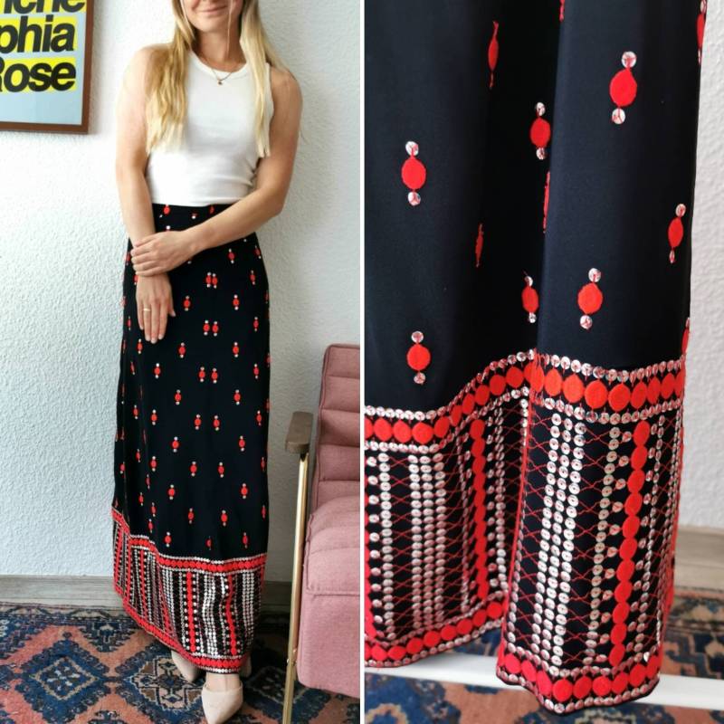 Vintage Rock, 1970Er Handgemachte Pailletten Boho Maxi Oranger Hippie Gr. M-L | Uns 8-10 10-12 38-40 von GoldenGirlClothing