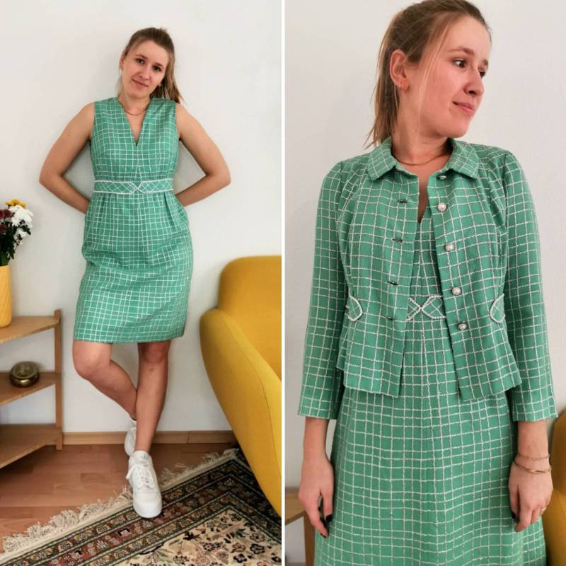 Vintage Set, 60Er Jahre Handgemachtes Kleid Und Blazer Kombination Grün Mit Blume Strass Knöpfe Gr. S-M | Us 4-6 Uk 8-10 Eu 36-38 von GoldenGirlClothing