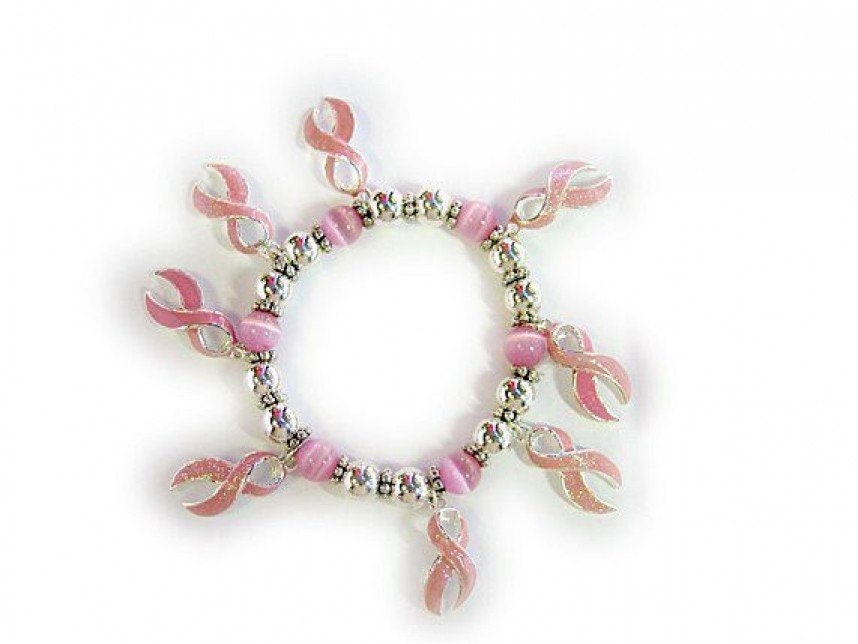 Pink Ribbon Stretch Bettelarmband Mit Katzenaugen Perlen Und Silbernen Pink Ribbon Stretch Bettelarmband Mit Katzenaugen Perlen Und Silbernen von GoldenRayProductions