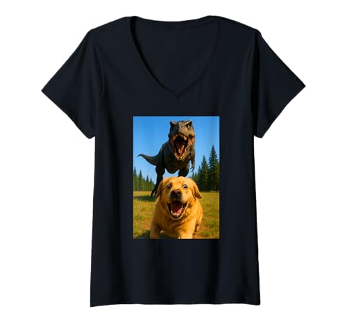 Damen Lustiger Golden Retriever Dinosaurier Trex Selfie Tierliebhaber T-Shirt mit V-Ausschnitt von GoldenRetrieverAxis1