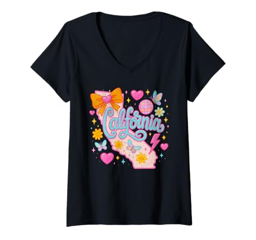 Damen California Y2K Coquette Ästhetisches niedliches Schleifendesign mit Schmetterlingsmotiv T-Shirt mit V-Ausschnitt Damen California Y2K Coquette Ästhetisches niedliches Schleifendesign mit Schmetterlingsmotiv T-Shirt mit V-Ausschnitt von GoldenState Aesthetic Co.
