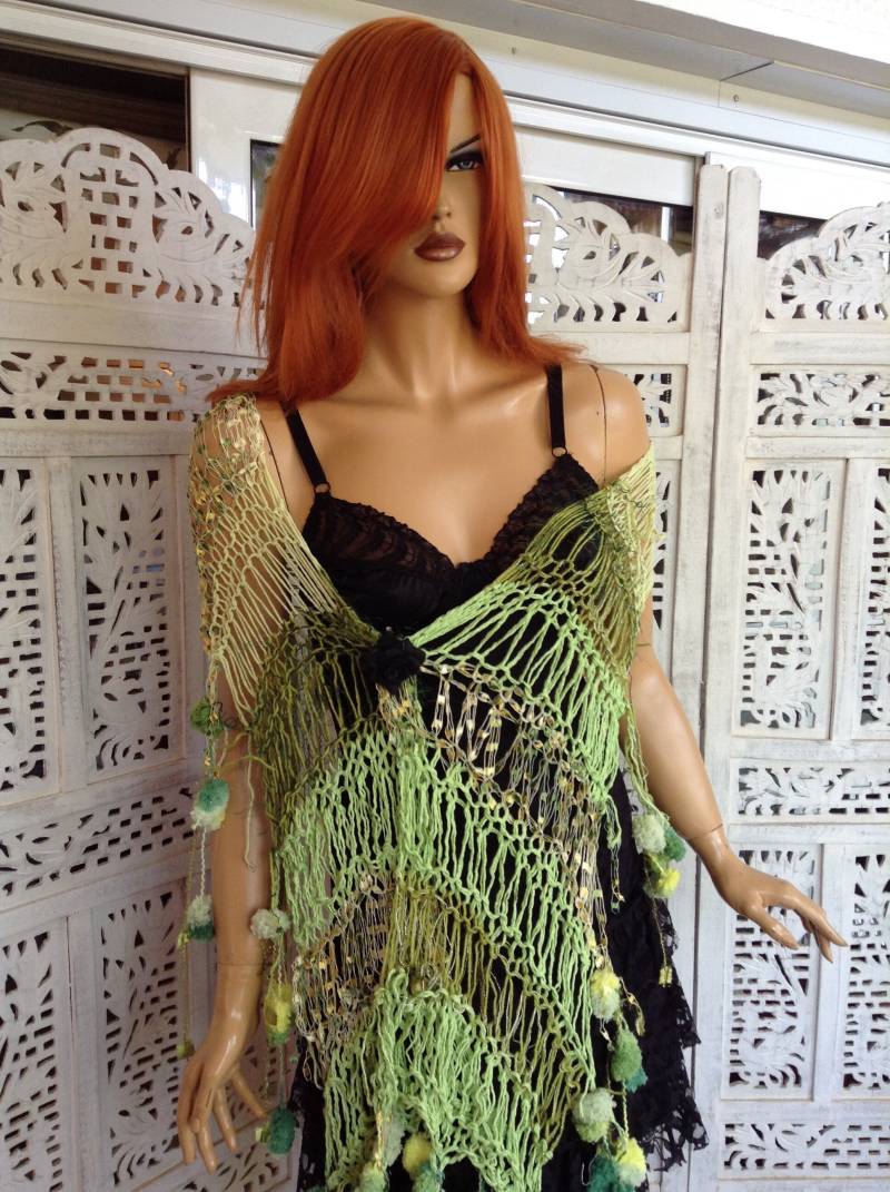 Grüner Boho Schal Offen Gewebter Schal, Stevie Nicks Stil von GoldenYarn