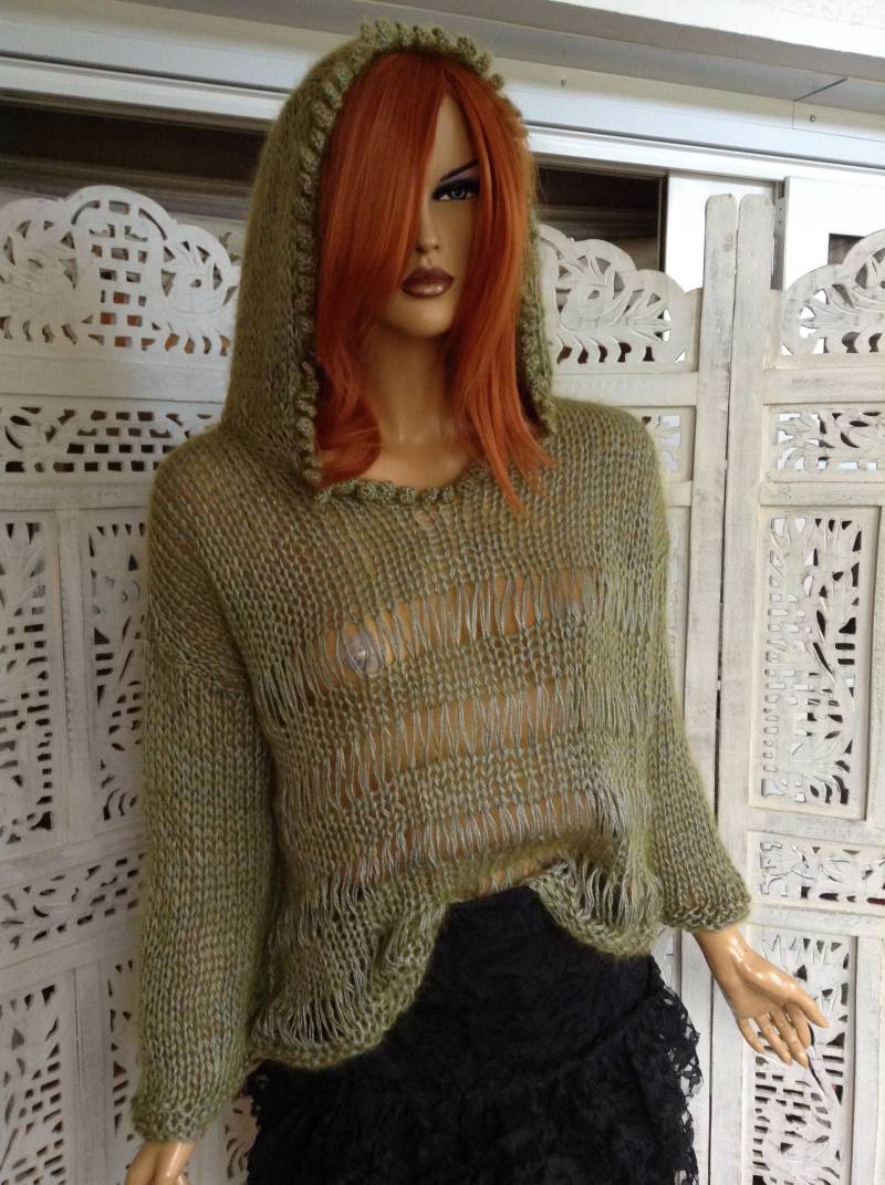 Handgefertigte Khaki Strick Hoodie M Größe Merino Mischung Pullover, Frauen Strickwaren, Geschenke von GoldenYarn
