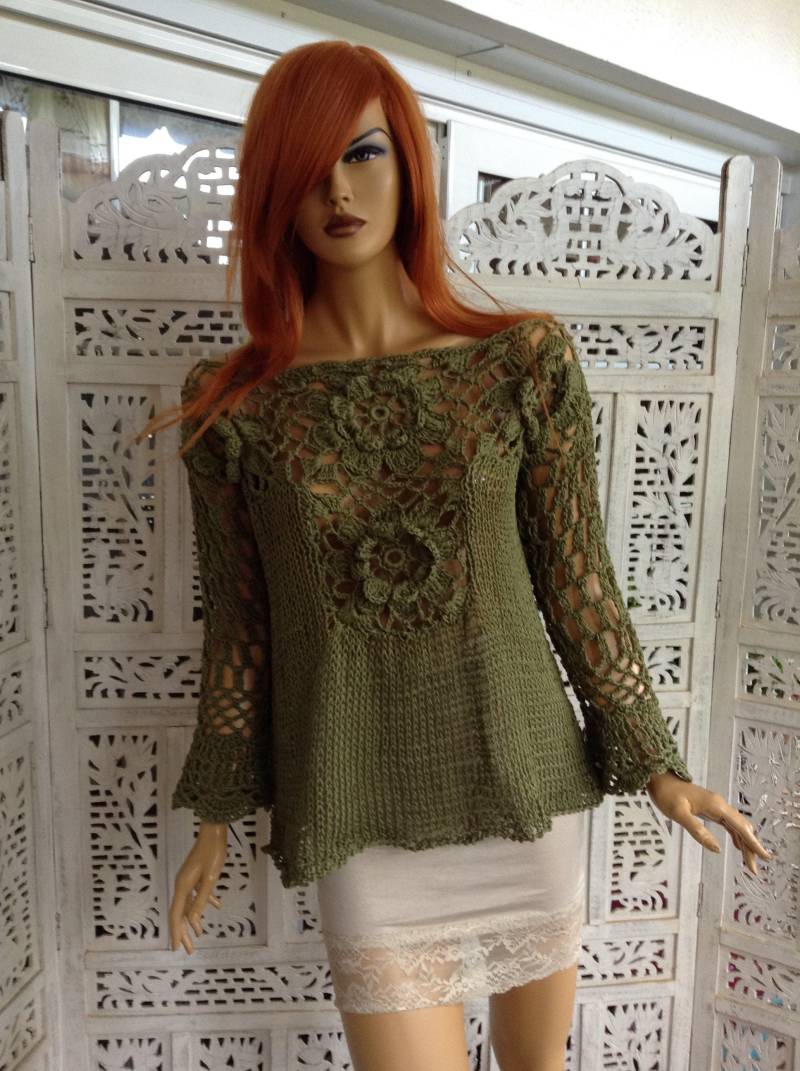 Handgemachte Häkelarbeit Oil Grün Baumwolle Pullover Rosen, Spitze, Off-Shoulder Strick Top Wome Kleidung, Geschenke von GoldenYarn