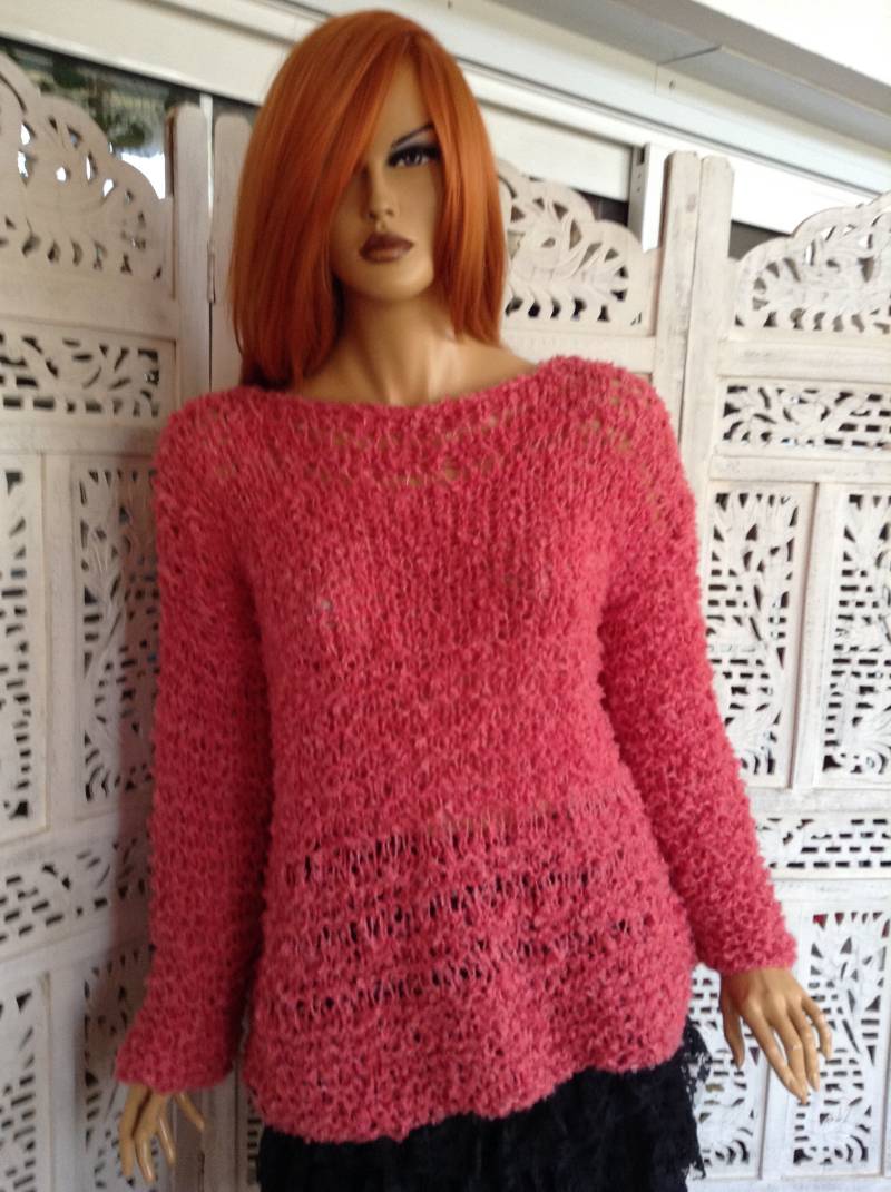 Handgestrickter Mohair Wollpullover Wassermelone Offener Stich, Übergröße L, Damen Strickmode, Geschenke von GoldenYarn