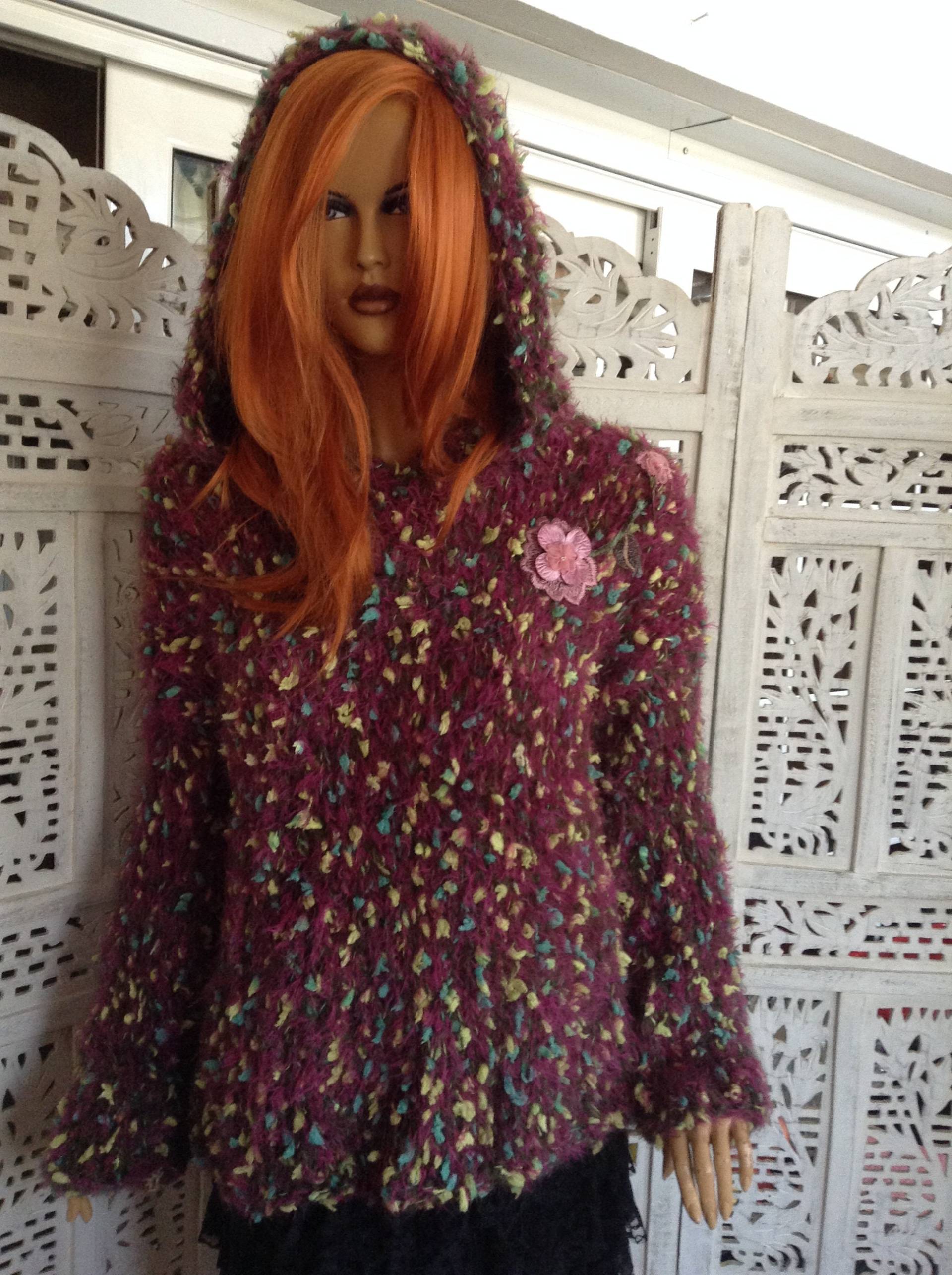 Handgestrickter Pullover Hoodie Lila Mohair Handwerk Geschenke von GoldenYarn