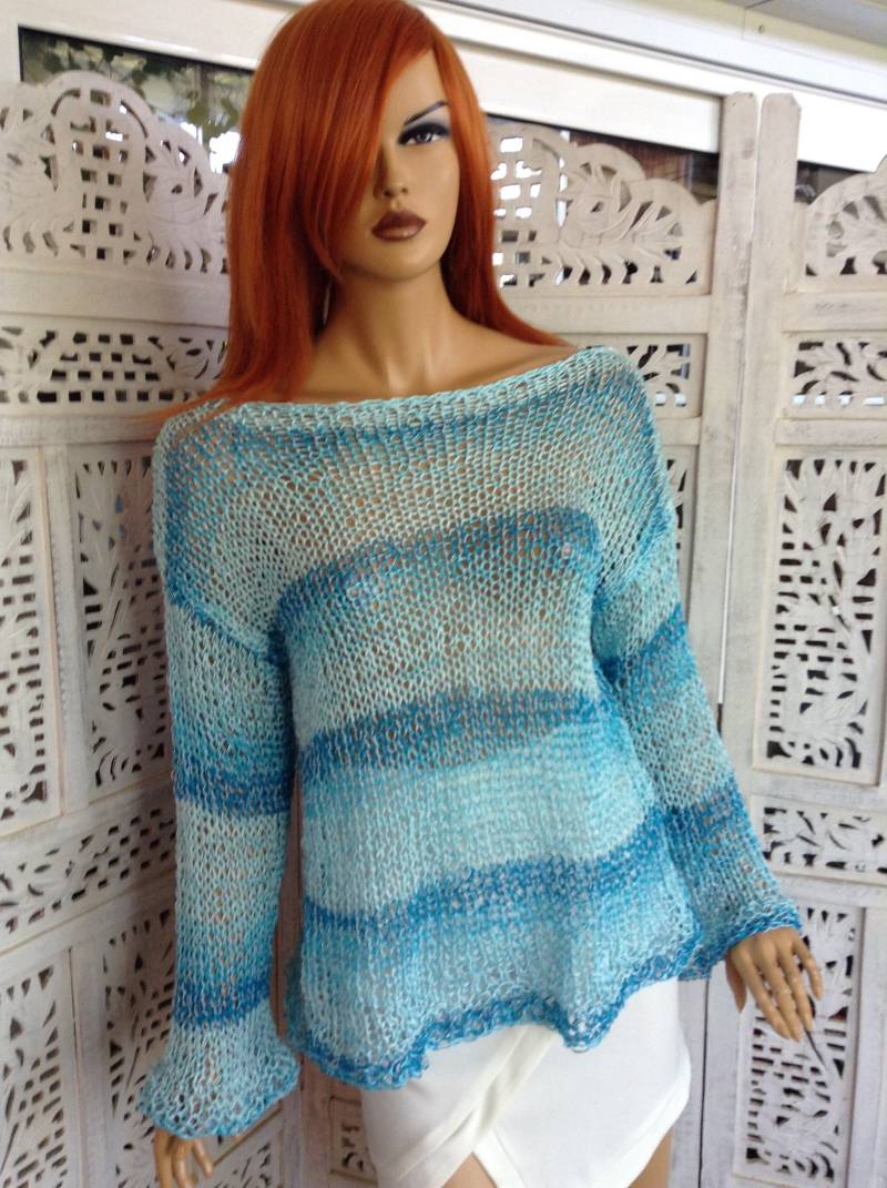Tie Dye Baumwolle Strickpullover Türkis Blauer Pullover, Oversized von GoldenYarn