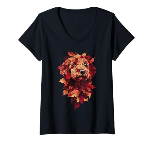 Damen Goldendoodle Labradoodle Herbstlaub Herbst Hund Doodle Mama T-Shirt mit V-Ausschnitt von Goldendoodle Autumn Leaves - Fall Gifts