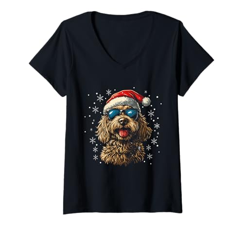 Damen Goldendoodle Labradoodle-Hunde-Weihnachtsmannmütze, lustig, Weihnachten T-Shirt mit V-Ausschnitt von Goldendoodle - Christmas Apparel & Gifts