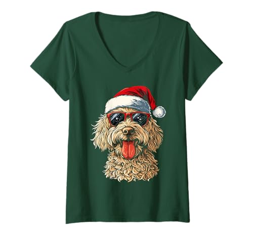 Damen Goldendoodle Labradoodle-Hunde-Weihnachtsmannmütze, lustig, Weihnachten T-Shirt mit V-Ausschnitt von Goldendoodle - Christmas Apparel & Gifts