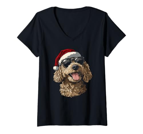 Damen Goldendoodle Labradoodle-Hunde-Weihnachtsmannmütze, lustig, Weihnachten T-Shirt mit V-Ausschnitt von Goldendoodle - Christmas Apparel & Gifts