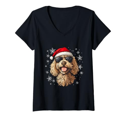 Damen Goldendoodle Labradoodle-Hunde-Weihnachtsmannmütze, lustig, Weihnachten T-Shirt mit V-Ausschnitt von Goldendoodle - Christmas Apparel & Gifts