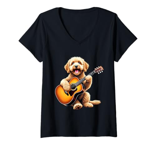 Damen Lustiger Goldendoodle-Hund spielt Gitarre Design für Musikliebhaber T-Shirt mit V-Ausschnitt Damen Lustiger Goldendoodle-Hund spielt Gitarre Design für Musikliebhaber T-Shirt mit V-Ausschnitt von Goldendoodle Dog Lovers Designs