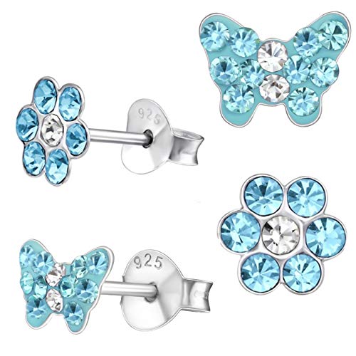 2 Paar Rosa Ohrstecker Kleine Kristall Schmetterling + Blume 925 Echt Silber Mädchen Kinder Ohrringe (Motiv-2 Blau) von Goldene Hufeisen