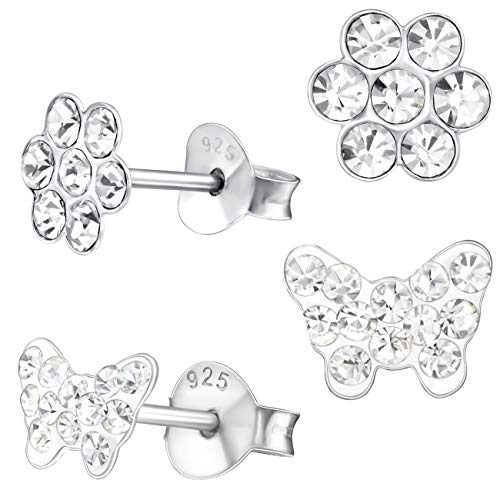 2 Paar Rosa Ohrstecker Kleine Kristall Schmetterling + Blume 925 Echt Silber Mädchen Kinder Ohrringe (Motiv-3 Kristallklar) von Goldene Hufeisen