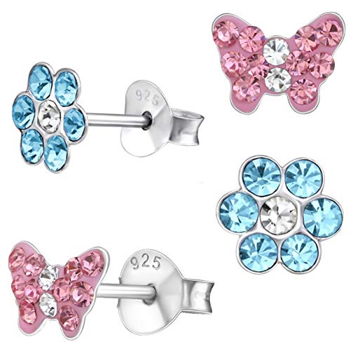 2 Paar Rosa Ohrstecker Kleine Kristall Schmetterling + Blume 925 Echt Silber Mädchen Kinder Ohrringe (Motiv-4 Rosa/Blau) von Goldene Hufeisen