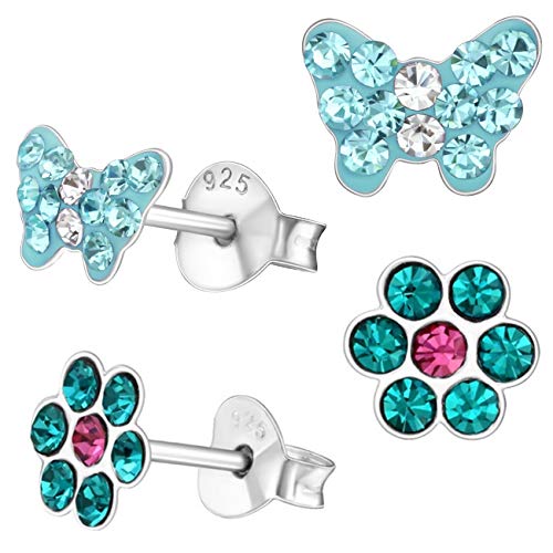 2 Paar Rosa Ohrstecker Kleine Kristall Schmetterling + Blume 925 Echt Silber Mädchen Kinder Ohrringe (Motiv-6 Blau/Türkis) von Goldene Hufeisen