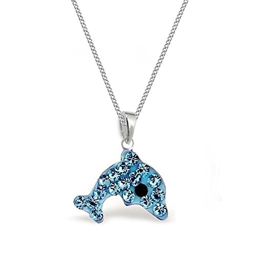 Goldene Hufeisen Aqua Blau Kristall Delfin Anhänger + Kette 925 Sterling Silber Kinder Mädchen Halskette Delphin (mit Kette 38cm) von Goldene Hufeisen