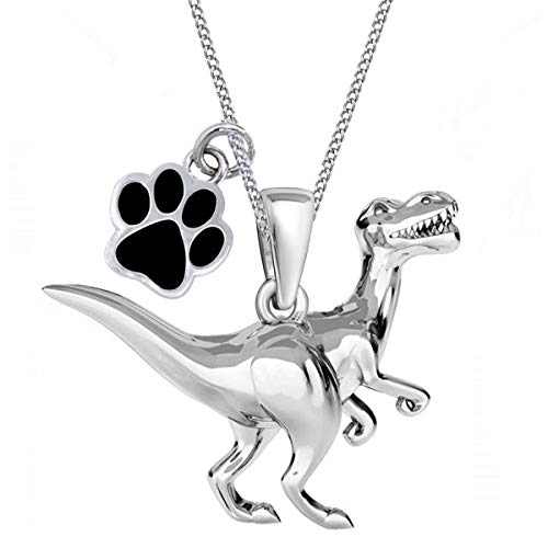 Dinosaurier Pfötchen Anhänger mit Halskette 925 Echt Sterling Silber Dino Kette für Mädchen Kinder Set (A/Pfote Schwarz, 40) von Goldene Hufeisen