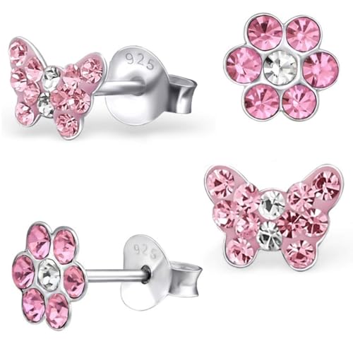 2 Paar Rosa Ohrstecker Kleine Kristall Schmetterling + Blume 925 Echt Silber Mädchen Kinder Ohrringe (Motiv-1 Rosa) von Goldene Hufeisen