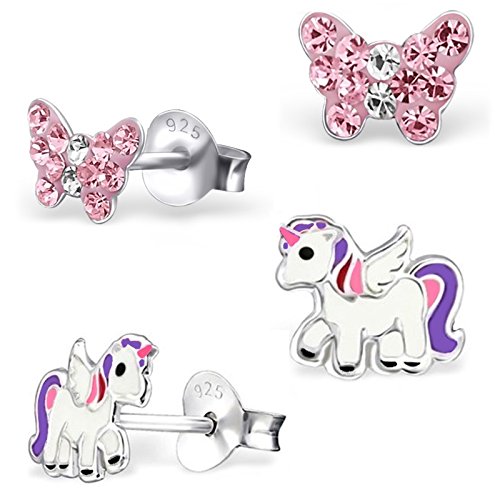 2 Paar Set Ohrstecker Rosa Kristall Schmetterling Einhorn 925 Sterling-Silber Mädchen Kinder-Ohrringe von Goldene Hufeisen