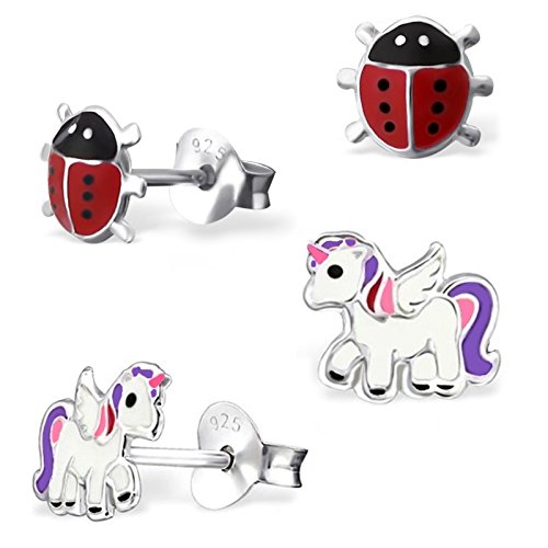 2 Paar Set Ohrstecker Marienkäfer Pegasus Einhorn 925 Sterling-Silber Mädchen Kinder Ohrringe von Goldene Hufeisen