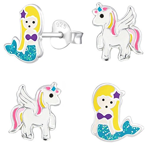 2 Paar Ohrstecker Set Ohrringe Mädchen 925 Silber mit Emaille Einhorn von Goldene Hufeisen