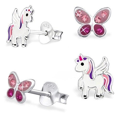 GH* KIDS 2 PAAR Mini Ohrstecker Kristall Schmetterling + Pegasus Einhorn 925 Echt Silber Mädchen Kinder Ohrringe von Goldene Hufeisen