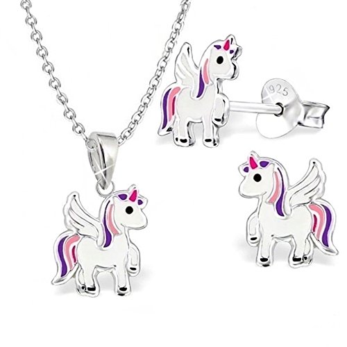 Mini klein Einhorn Kinder Schmuckset 925 Sterling Silber Mädchen Halskette Ohrringe Pferde Pegasus von Goldene Hufeisen