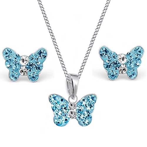 Mini Kristall Schmetterling Anhänger + 38cm Kette + Ohrstecker 925 Echt Silber Kinder Mädchen (Blau) von Goldene Hufeisen