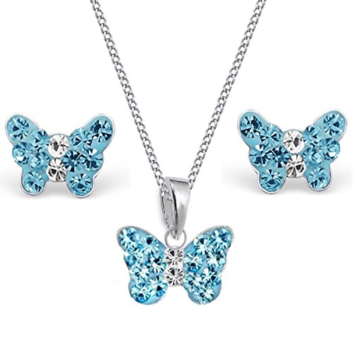 Goldene Hufeisen Mini Kristall Schmetterling Anhänger + 38cm Kette + Ohrstecker 925 Echt Silber Kinder Mädchen (Blau) von Goldene Hufeisen