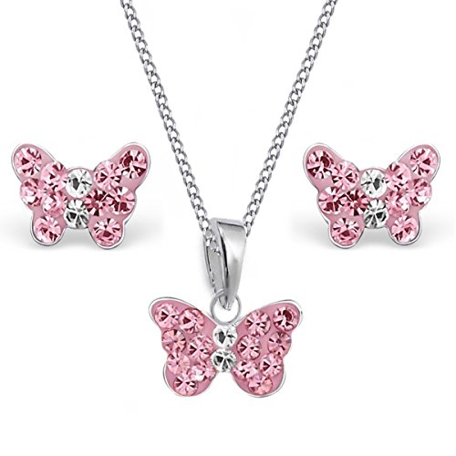 Mini Kristall Schmetterling Anhänger + 38cm Kette + Ohrstecker 925 Echt Silber Kinder Mädchen (Rosa) von Goldene Hufeisen