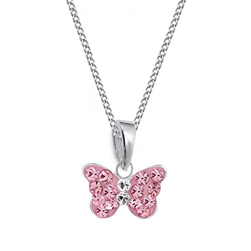 Goldene Hufeisen Rosa Mini Kristall Schmetterling Anhänger + 38cm Kette 925 Sterling Silber Mädchen Baby Kinder von Goldene Hufeisen