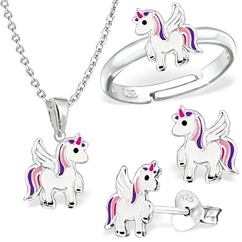 Mini klein Einhorn Set Ring Anhänger Kette Ohrstecker Silber 925 Kinder Mädchen Pegasus Pferd von Goldene Hufeisen