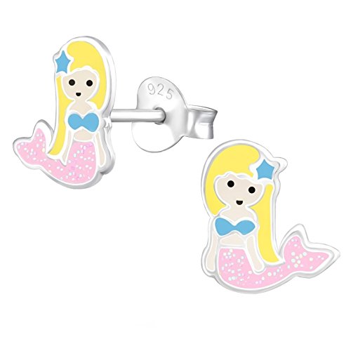 Glitzer Rosa Meerjungfrau Ohrstecker 925 Echt Silber Ohrringe Mädchen Kinder (Rosa) von Goldene Hufeisen