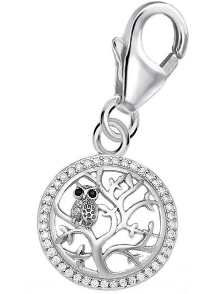 Goldene Hufeisen Charm-Einhänger Eule Lebensbaum Karabiner Charm Anhänger 925 Silber Zirkonia Steine (1 Stück, inkl. Etui), rhodiniert von Goldene Hufeisen