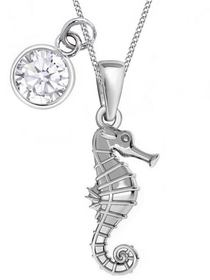 Goldene Hufeisen Kette mit Anhänger Mädchen Mini Seepferdchen Halskette 925 Silber mit Zirkonia Weiss Rund (3-tlg, inkl. Etui) von Goldene Hufeisen