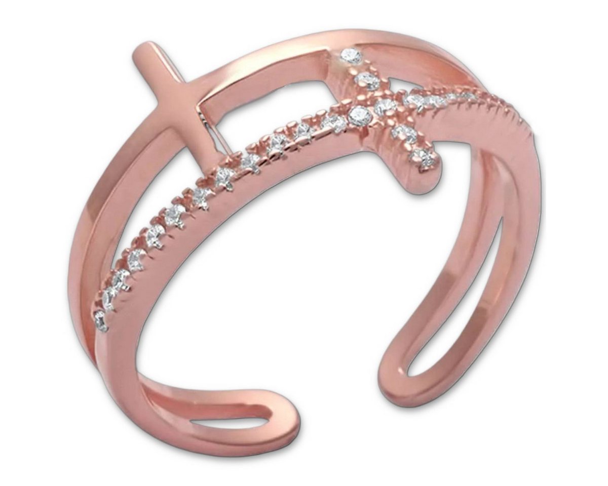 Goldene Hufeisen Goldring Damen Kreuz Offener Fingerring 925 Sterling-Silber Rosegold vergoldet, Offener zweireihige Doppel-Kreuz Finger-Ring von Goldene Hufeisen