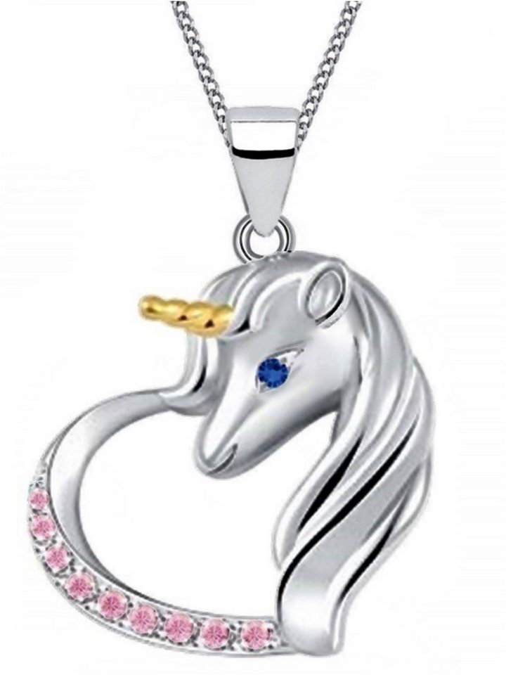 Goldene Hufeisen Kette mit Anhänger Halskette Einhorn Herz Pferd 925 Silber mit Zirkonia (Anhänger mit Kette, inkl. Etui), Rhodiniert von Goldene Hufeisen