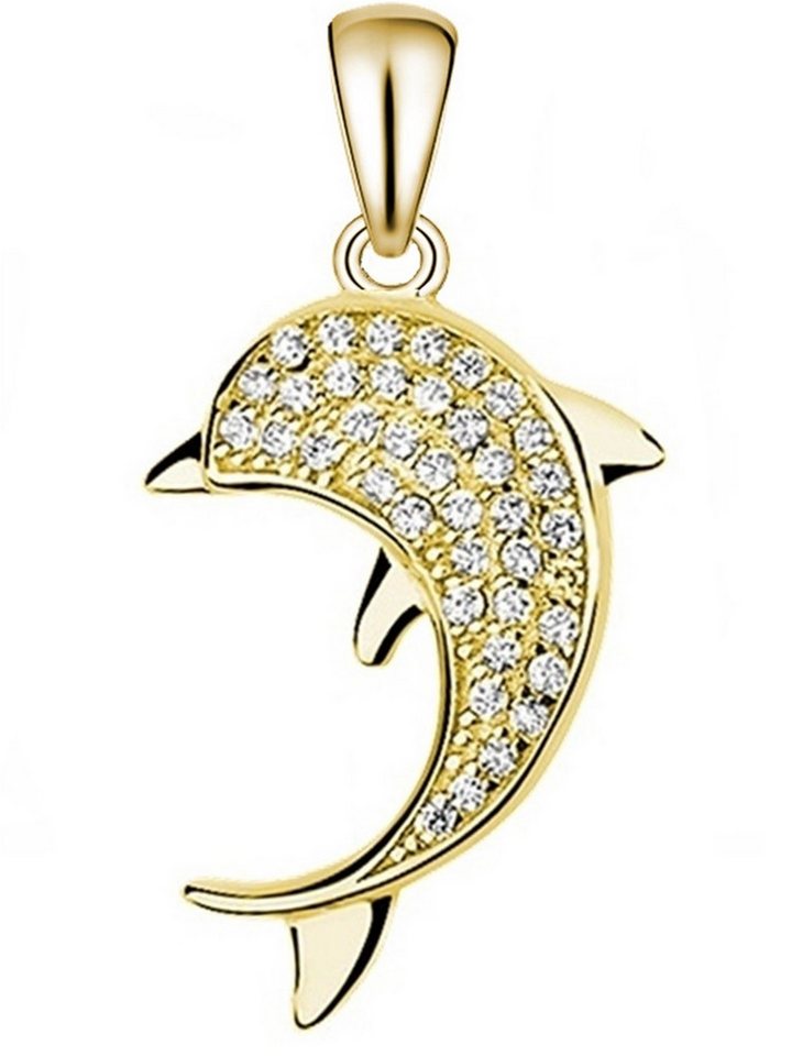 Goldene Hufeisen Kettenanhänger Delfin Anhänger aus 925 Sterling Silber mit Zirkonia Kristall (1 Stück, inkl. Etui), Vergoldet, Pavefassung von Goldene Hufeisen