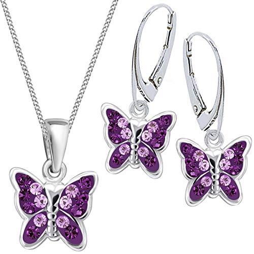 Goldene Hufeisen Mädchen Kinder Kristall Schmetterling Brisur Ohrringe + Anhänger + 40cm Kette 925 Silber Set (Amethyst) von Goldene Hufeisen