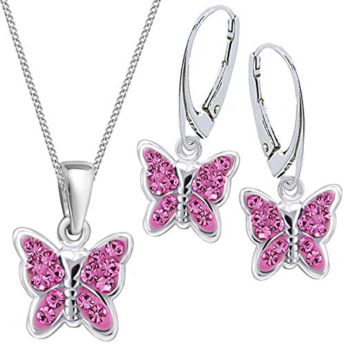 Goldene Hufeisen Mädchen Kinder Kristall Schmetterling Brisur Ohrringe + Anhänger + 40cm Kette 925 Silber Set (Rosa) von Goldene Hufeisen