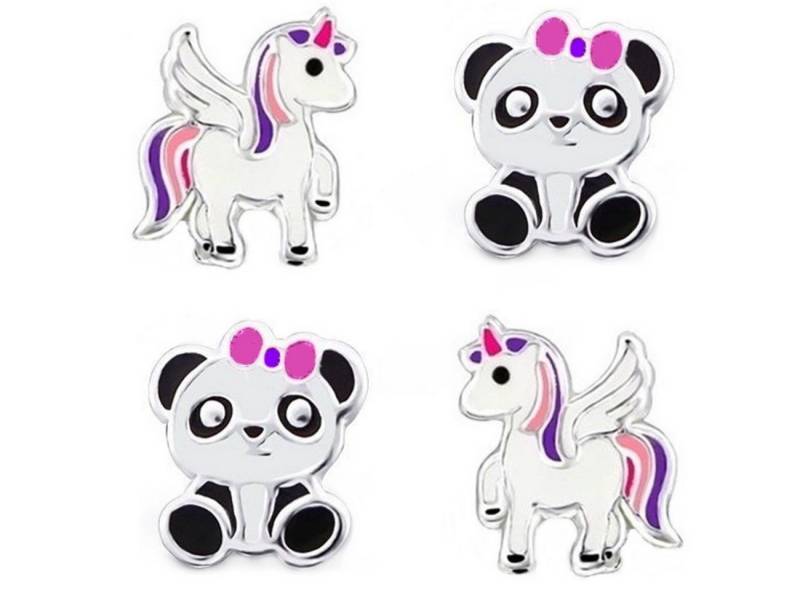 Goldene Hufeisen Ohrstecker-Set Panda Einhorn Pferd Mädchen Kinderohrringe (2 Paar Set, inkl. Etui), 925 Sterling-Silber, Hypoallergen, Kinderschmuck von Goldene Hufeisen