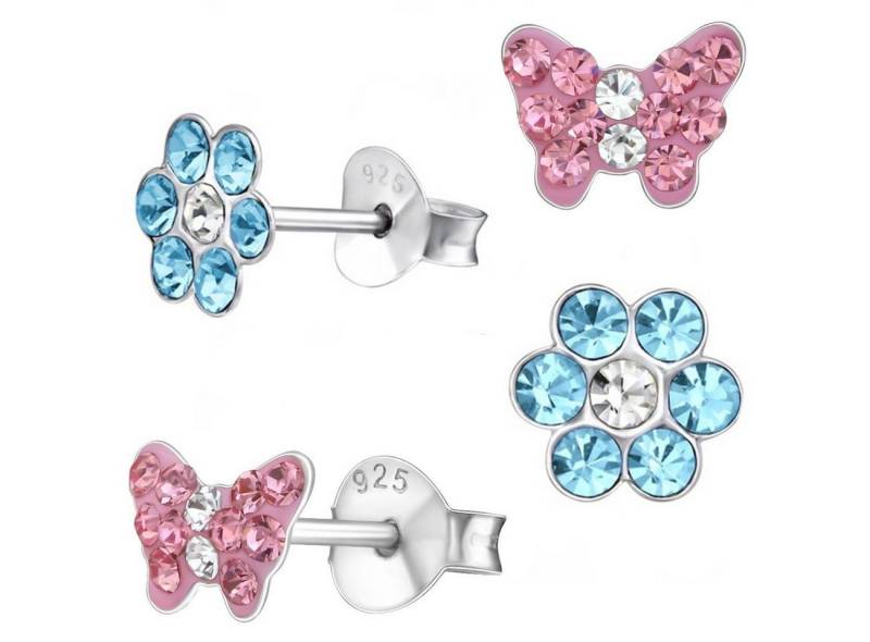 Goldene Hufeisen Ohrstecker-Set Ohrringe Kinder Schmetterling Kristall Blume 925 Silber Rosa (2 Paar, inkl. Etui), 925 Silber (Sterlingsilber), Hypoallergen von Goldene Hufeisen