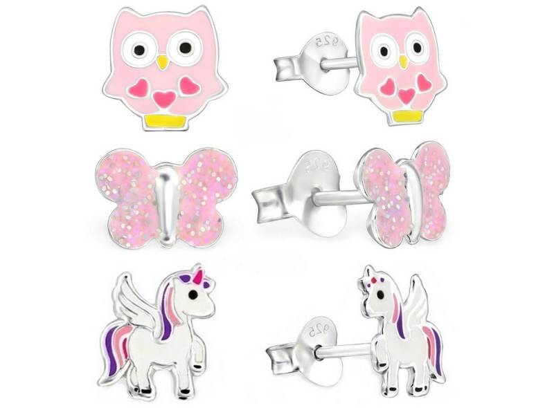 Goldene Hufeisen Ohrstecker-Set 3 Paar Set Mädchen Ohrstecker Einhorn Eule Kinder Ohrringe 925 Silber (6-tlg, inkl. Etui), mit Emaille von Goldene Hufeisen