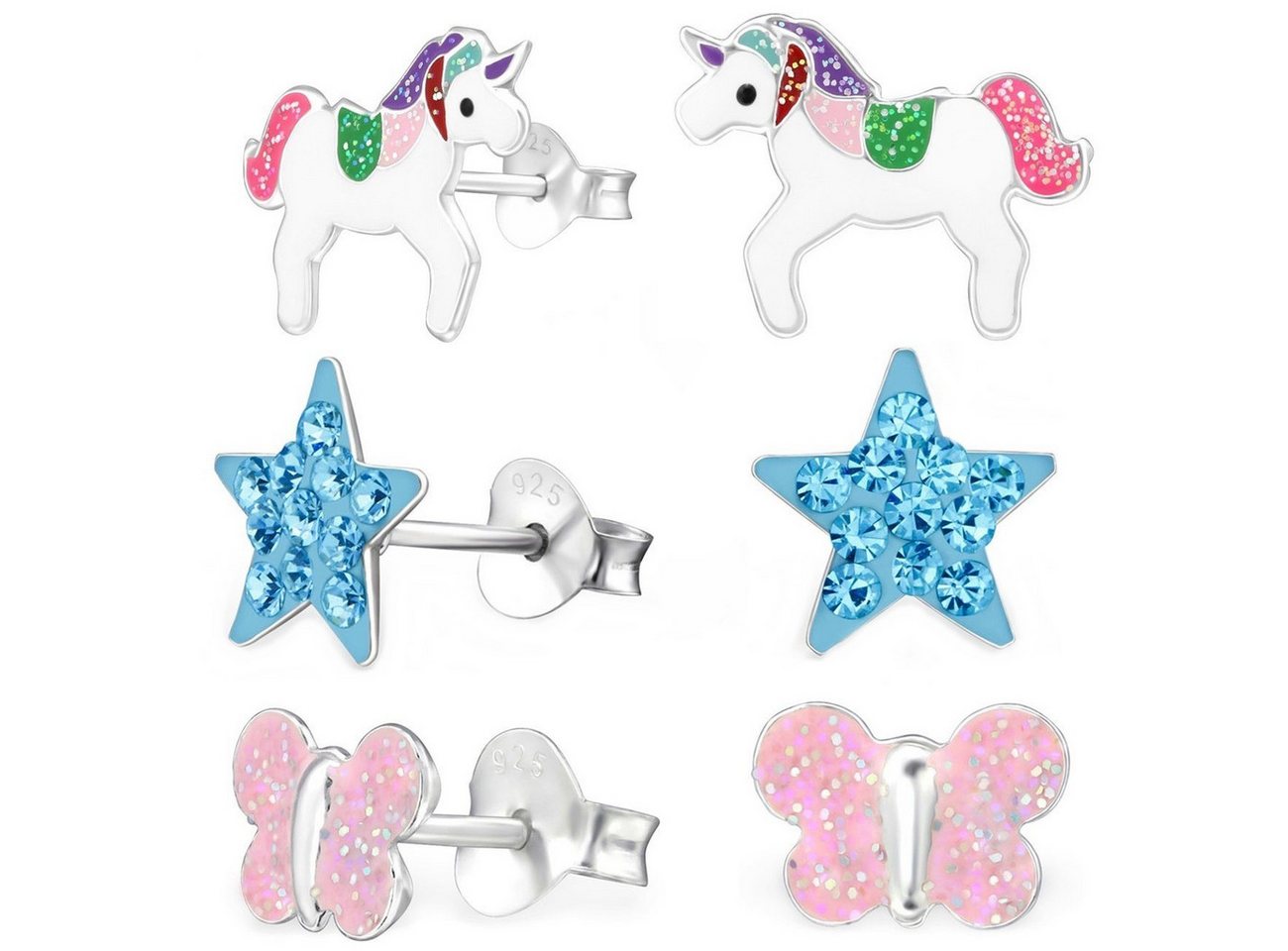 Goldene Hufeisen Ohrstecker-Set 3 Paar Set Mädchen Ohrstecker Einhorn Stern Kinder Ohrringe 925 Silber (6-tlg, inkl. Etui), Emaille, Kristall von Goldene Hufeisen