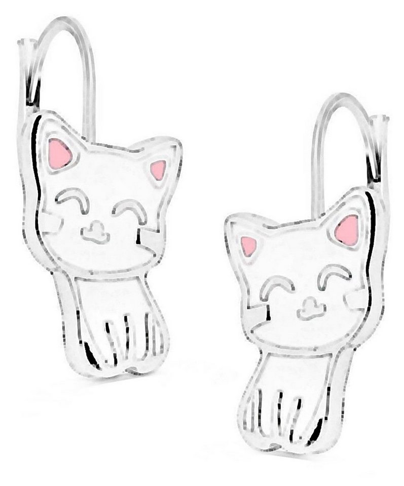 Goldene Hufeisen Paar Ohrhänger Kinderohrringe Katzenliebe mit weißer Katze für kleine Mädchen, 925 Silber (Sterlingsilber), Hypoallergen von Goldene Hufeisen