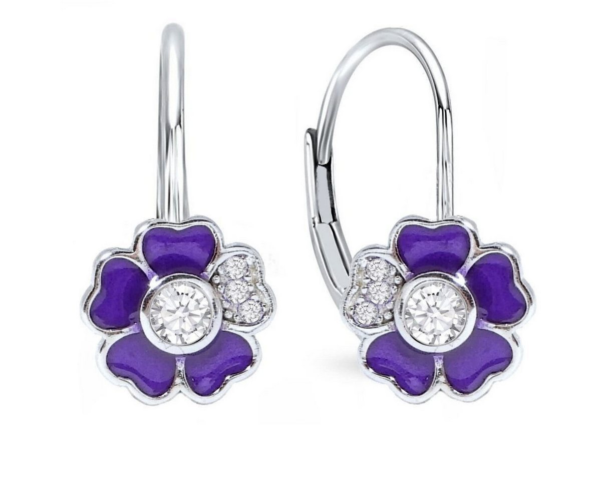 Goldene Hufeisen Paar Ohrhänger Blume Lila Brisur Ohrringe aus 925 Sterling Silber mit Zirkonia (1 Paar, inkl. Etui), Kinderschmuck von Goldene Hufeisen