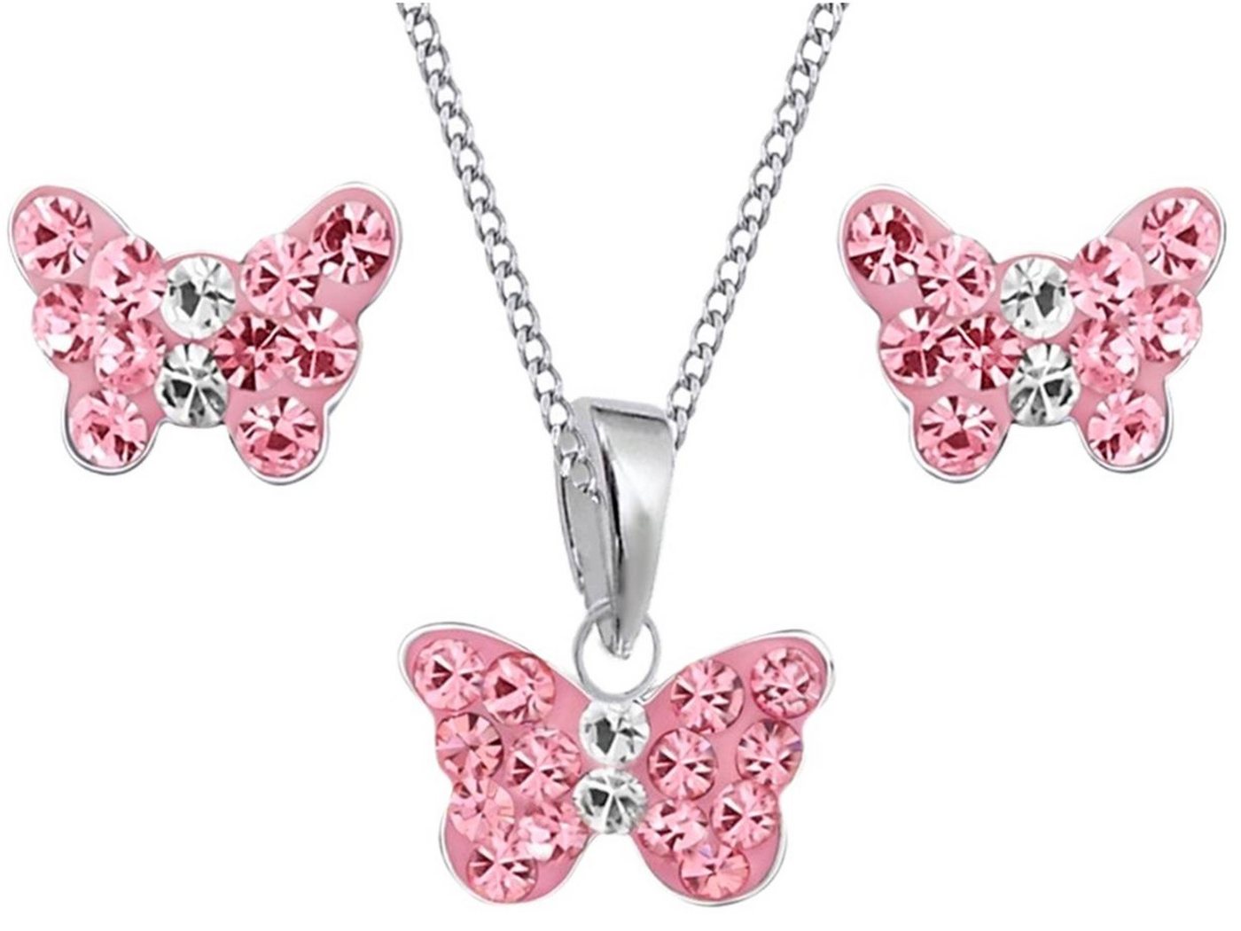 Goldene Hufeisen Schmuckset Rosa Schmetterling Anhänger Kette Ohrstecker 925 Silber Kristall (4-tlg, inkl. Etui), Kinder Geschenkset von Goldene Hufeisen